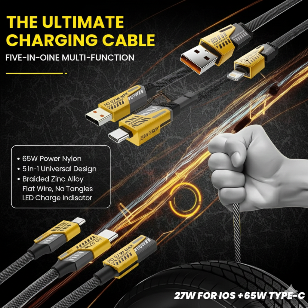 65W 4-in-1 Fast Charging Data Cable | USB-C PD & Lightning 27W Max | Universal Multi-Function Braided Flat Wire