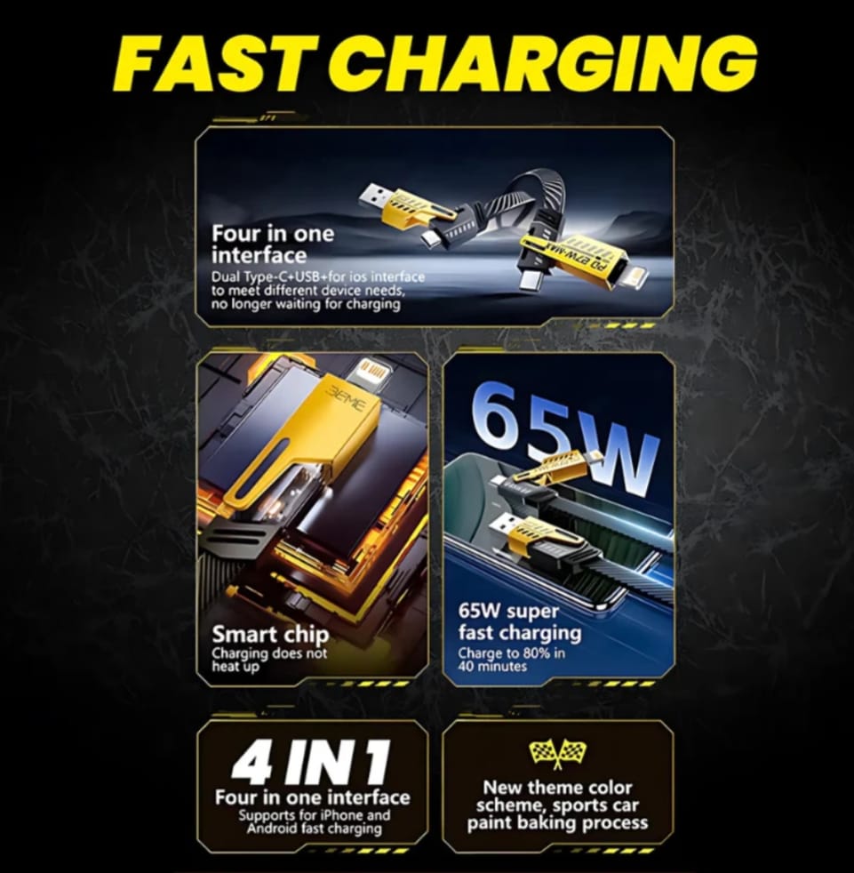 65W 4-in-1 Fast Charging Data Cable | USB-C PD & Lightning 27W Max | Universal Multi-Function Braided Flat Wire