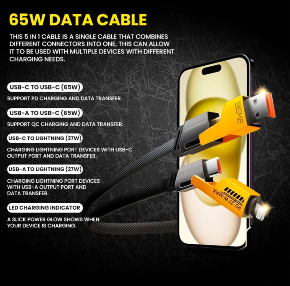 65W 4-in-1 Fast Charging Data Cable | USB-C PD & Lightning 27W Max | Universal Multi-Function Braided Flat Wire