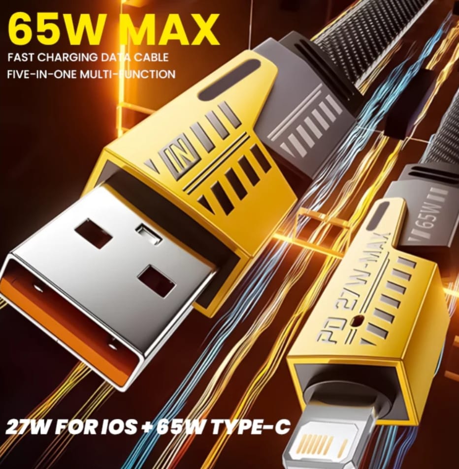 65W 4-in-1 Fast Charging Data Cable | USB-C PD & Lightning 27W Max | Universal Multi-Function Braided Flat Wire
